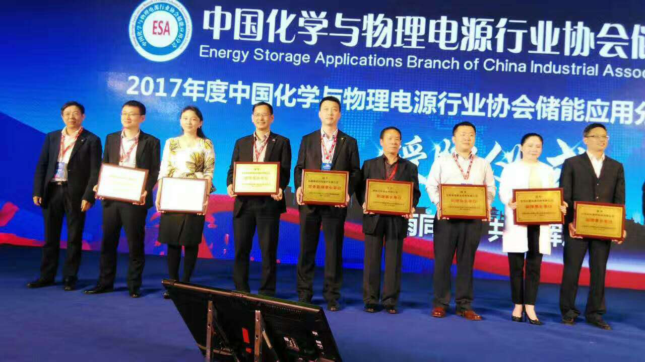 宝运莱总裁王元圆（左3）上台领取中国化学与物理电源行业 协会储能利用分会副理事长单元牌匾
